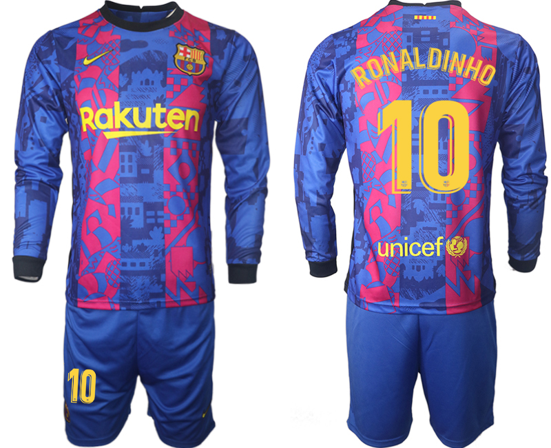 Men 2021-2022 Club Barcelona Second away blue Long Sleeve #10 Soccer Jersey